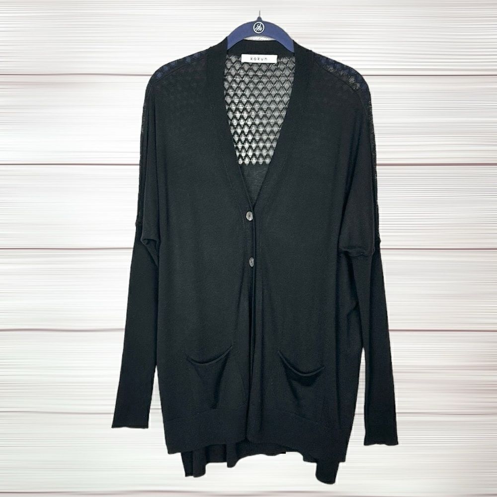 Kokun Cashmere Blend Black Lightweight Long Lace Back Cardigan V-neck Pocket M-L